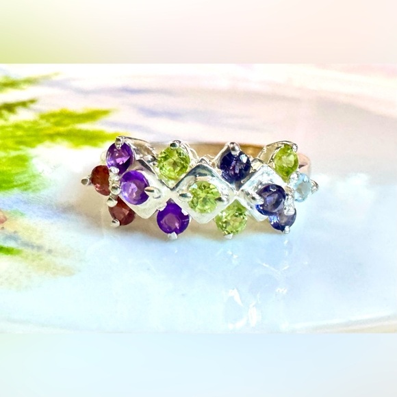 Tanzanite|Topaz|Peridot|Amethyst|Garnet Sterling Silver Cluster Ring - Picture 3 of 8